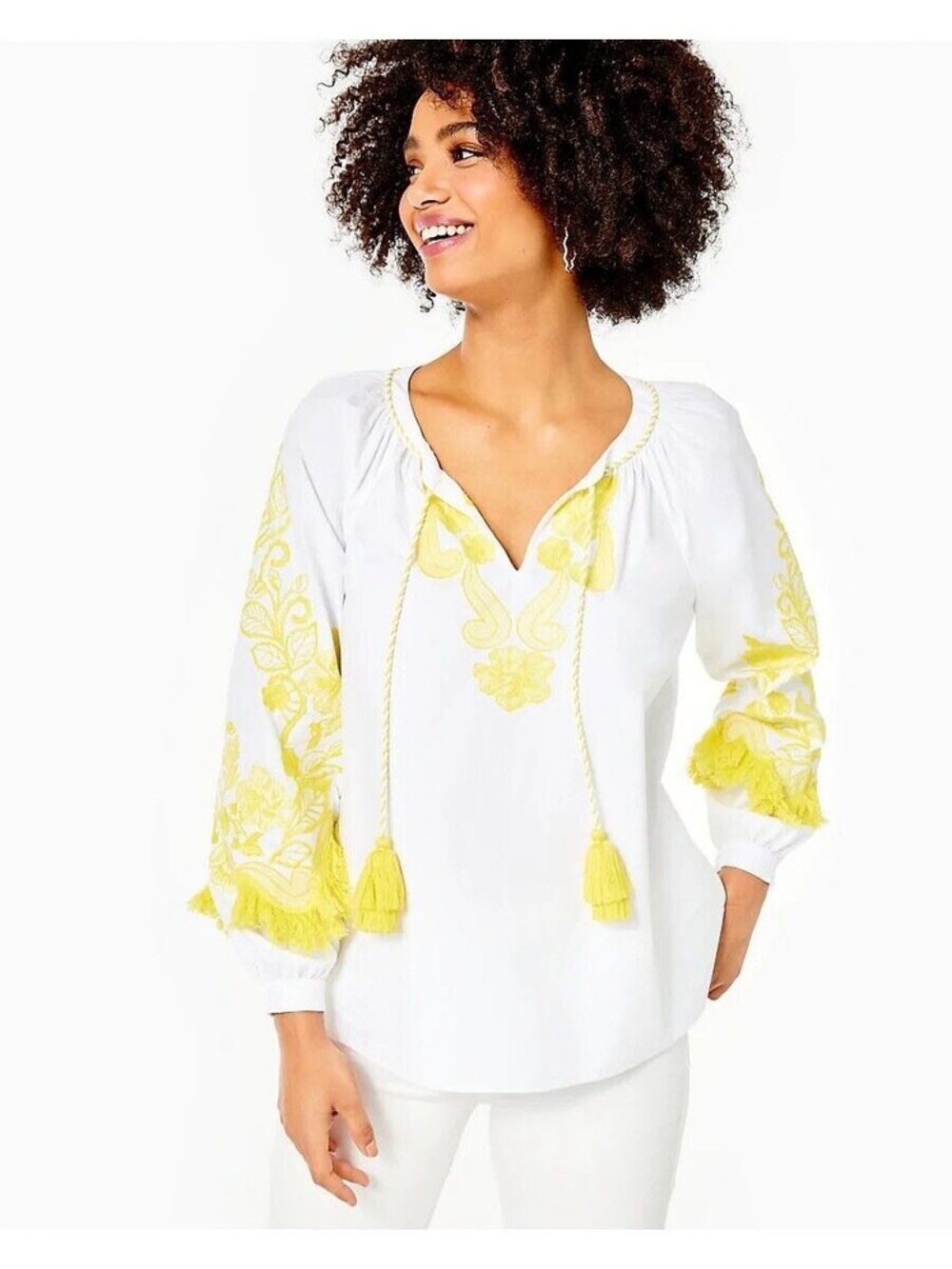 Lilly Pulitzer Kaydence White w/yellow Floral Embroidery Tasseled Tunic Top Sz S